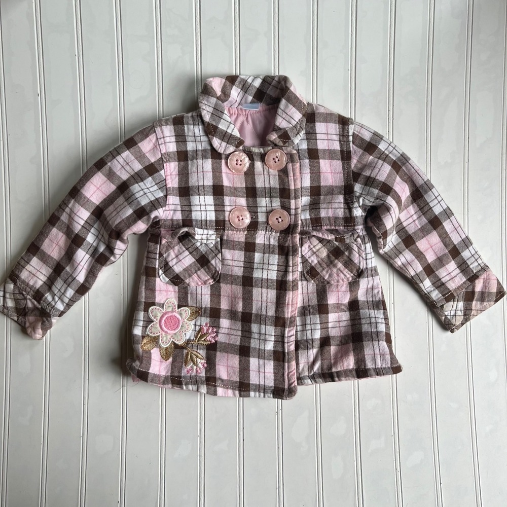 Kids Play Toddler Girl Pink Brown Plaid Floral Embroidered Pea Coat Jacket 3T